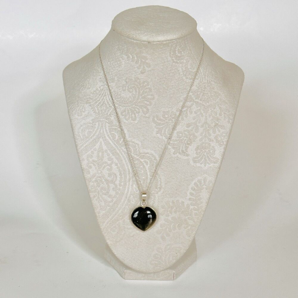 TGGC 925 Sterling Silver Jasper Heart Pendant Necklace 18" Black Brown Green